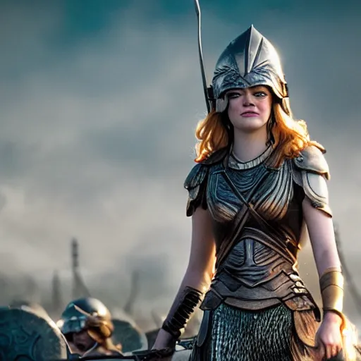 Prompt: long shot photo of emma stone as a valkyrie warrior, highly detailed, 4k