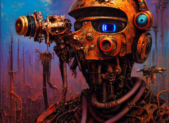 Prompt: junky men ballet dancer, cybertronic gadgets and vr helmet, durty colours, rotten textures, rusty shapes, biotechnology, dariusz zawadzki, tim hildebrandt, wayne barlow, bruce pennington, larry elmore, oil on canvas, luminosity, deep depth field, masterpiece, cinematic composition, hyper - detailed, hd, hdr