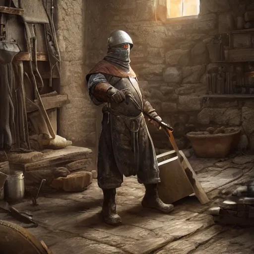 Image similar to distant shot painting of a blacksmith, ultra realistic, concept art, intricate details, eerie, highly detailed, medieval, photorealistic, octane render, 8 k, unreal engine 5, art by alexandros pyromallis