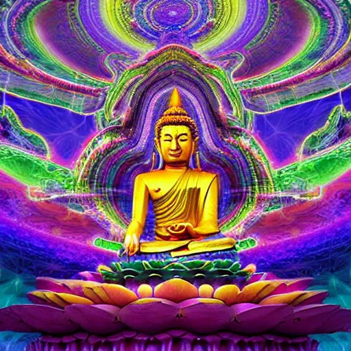 Prompt: large buddhist temple in astral realm, albert hoffman as prophet standing in front of it, symmetrical picture, surreal semi - transparent psychedelic fractals floating around, 5 th dimension, high quality digital painting, 3 d effects, photorealism
