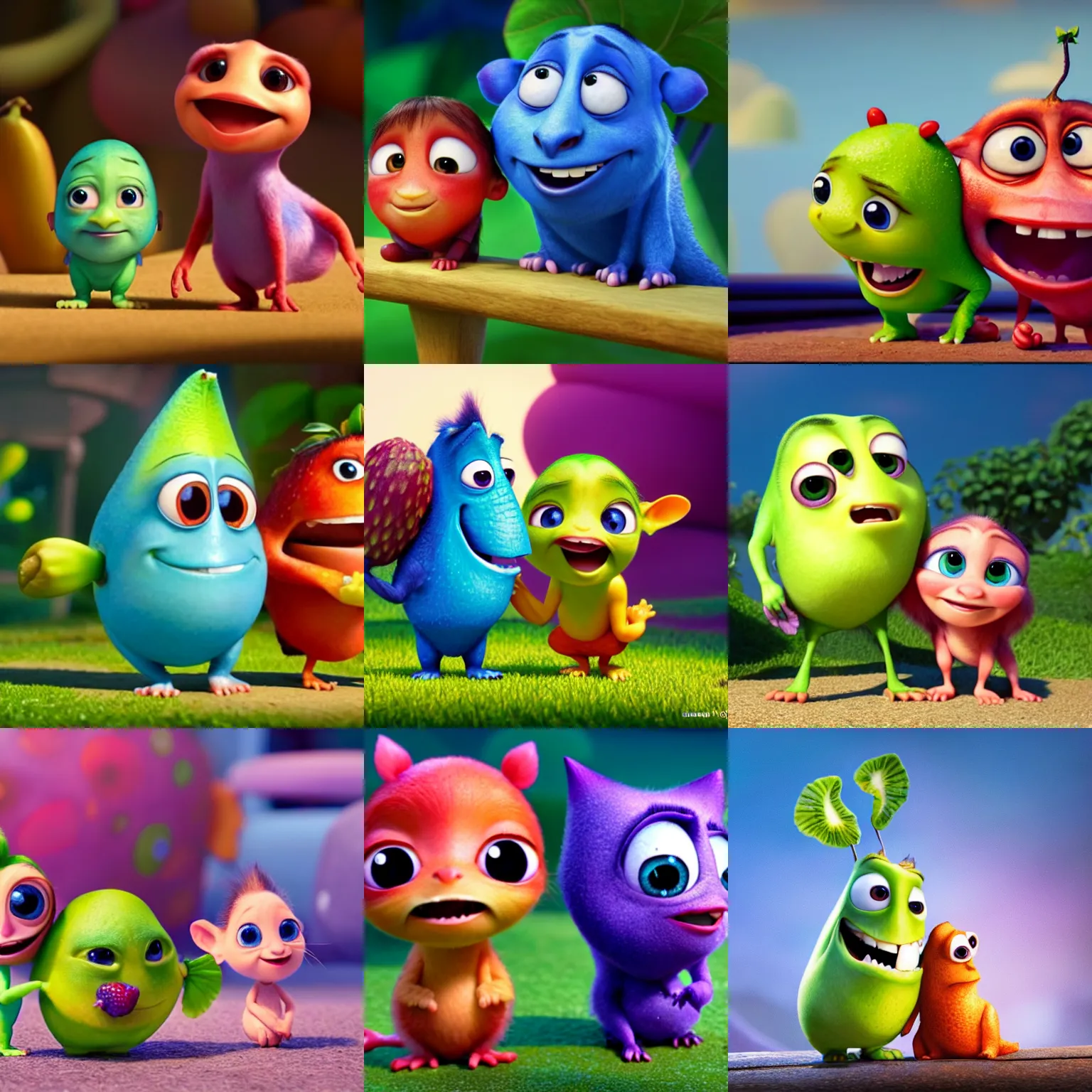 Prompt: a couple of cutest little fruitties being friends, pixar, cgi, 4 k, vivid, hyperdetailed