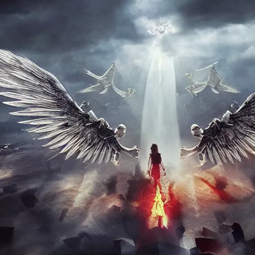 Image similar to hell with 700000 angels with super big wings. Epic composition. Cinematic. Realistic cinematography. Hyperdetailed. 8k