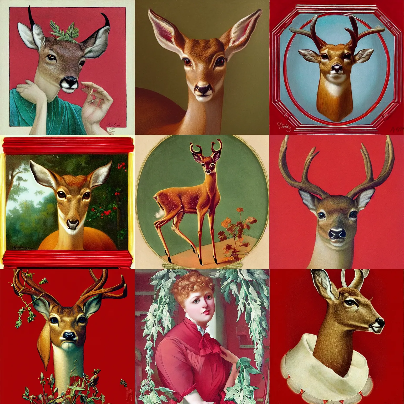 Prompt: “a doe deer lost in a maze of bright red ruby glass, as painted by Henry Winslow and Leyendecker”