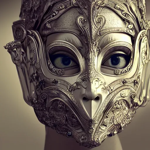 Image similar to Very very very very highly detailed epic photo of angelic face with venetian mask, intricate, dystopian, sci-fi, extremely detailed, digital painting, artstation, concept art, smooth, sharp focus, illustration, intimidating lighting, incredible art by Anton Pieck, Octane render in Maya and Houdini VFX