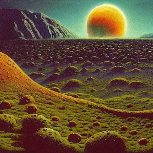 Image similar to a landscape on the moon with many craters, barren moon landscape, a broken moon lander, in a big crater at the center there is a beautiful flowering garden, 8 k, lowbrow in the style of martin johnson heade, roger dean and daniel merriam,