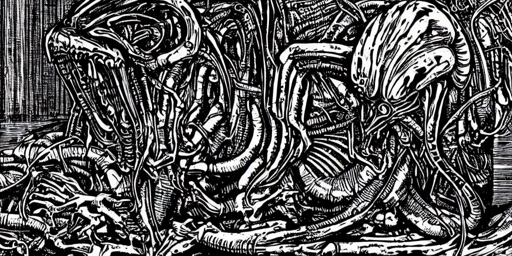 Prompt: alien xenomorph in the style of HR Giger, woodcut, movie scene