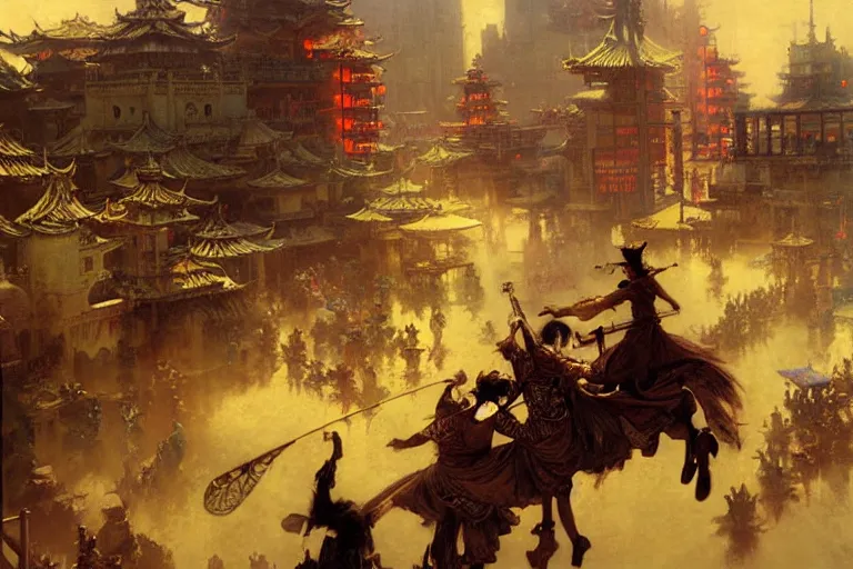 Image similar to wuxia, steampunk city, painting by gaston bussiere, craig mullins, j. c. leyendecker