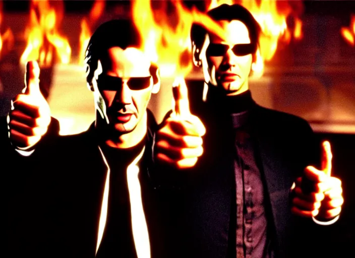 Image similar to A photo of Keanu Reeves as Neo in The Matrix movie doing a thumb up to the camera in front on burning servers, servers in flames in the background, happy system administrator doing a thumb up, uncropped, full body, crispy, ultra detailed