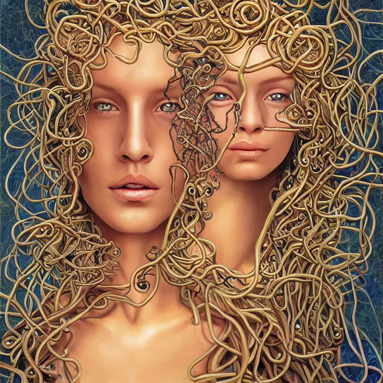 Prompt: perfectly centered portrait, front view oil painting of a beautiful robot medusa, female, flowing hair, intense stare, sarcastic smile, symmetrical, concept art, intricate detail, volumetric shadows and lighting, realistic oil painting by alex grey,