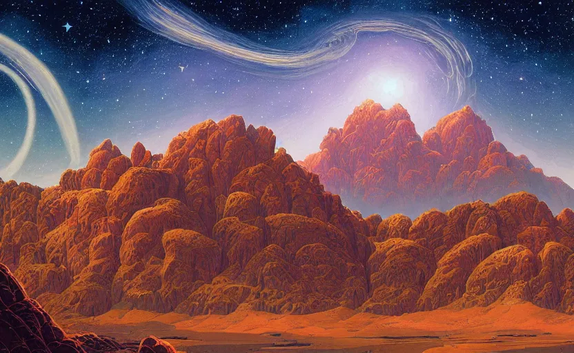 Prompt: mountains, stars and paisley filled sky, artstation, intricate, highly detailed, digital painting, concept art, sharp focus, illustration by Michael Whelan and Roger Dean