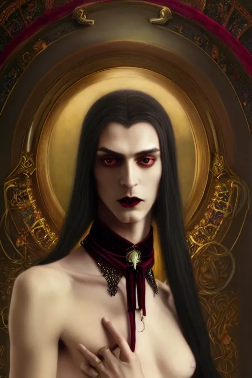 Image similar to a beautiful feminine androgynous man, long hair, tall and thin, vampire, dressed in velvet, fully dressed, wearing several pendants and a choker, illustration, dramatic lighting, soft details, painting oil on canvas, art nouveau, octane render, hdr, 4 k, 8 k, hd, by edmund blair leighton, brom, charlie bowater, faces by otto schmidt