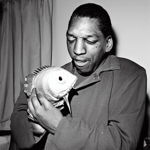 Image similar to john coltrane snuggling a scary loving angler fish in bed