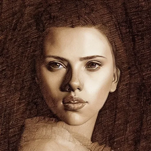 Image similar to a finished, detailed portrait sketch on parchment of a very young scarlett johansson, by leonardo davinci