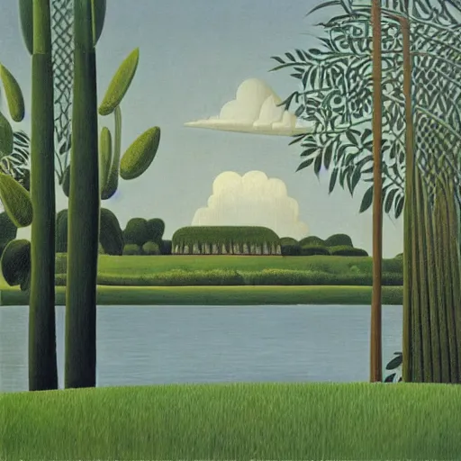 Image similar to a beautiful painting of Columbus Ohio Scioto river by henri Rousseau