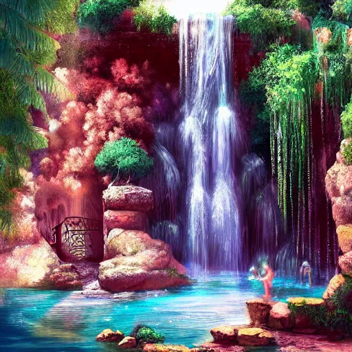 Image similar to ancient ottoman structure and waterfalls, epic retrowave art, trending on art station