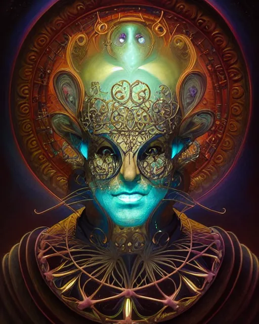 Image similar to front shot of a court jester character, hyperdimensional, bioluminescent ethereal, ((intricate)), elegant, highly detailed, centered, (((artstation, concept art, smooth, sharp focus, artgerm, Tomasz Alen Kopera, Peter Mohrbacher, donato giancola, Joseph Christian Leyendecker, WLOP, Boris Vallejo))), mugshot!!!!!, ugly!!!!!!, octane render, nvidia raytracing demo, grainy, muted