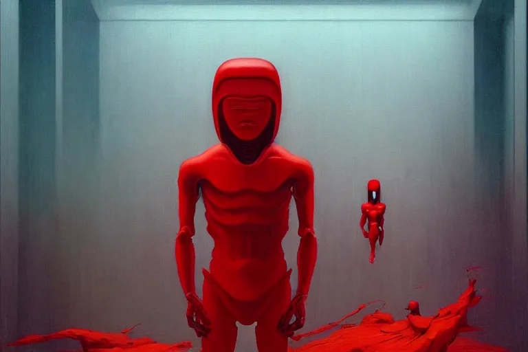 Image similar to only with red, a red samurai humanoid, tokio futuristic in background, yokai, in the style of beksinski, parts by edward hopper, parts by rodcenko, parts by yue minjun, intricate and epic composition, red by caravaggio, insanely quality, highly detailed, masterpiece, red light, artstation, 4 k