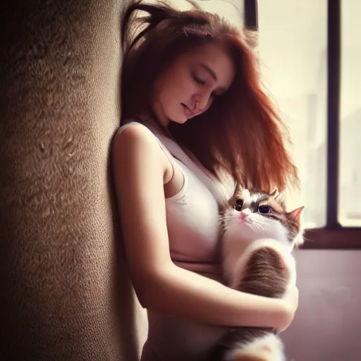 Prompt: Beautiful woman with long hair, breastfeeding a kitten, aesthetic, surreal, dreamlike, Photography, First-Person, Full-HD, Natural Lighting