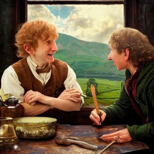 Image similar to bilbo baggins gets on instagram, realistic oil painting, style of norman rockwell, 8 k, super sharp, ultra detail, rule of thirds.