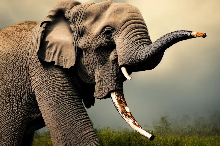 Image similar to ultra realistic nature photography, panoramic picture of ( subject : an elephant smoking a cigar ). smokey atmosphere, small thick clouds of cigar smoke, artstation, focus on the elephant's cigar, extremely hyperrealistic crisply sharp cigar, hyperrealistic smoke, sigma, 4 k