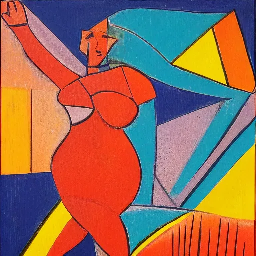 Prompt: fat latin woman dancing, brilliant sunset, cubism, texture, acrylic, no collage, no pastels