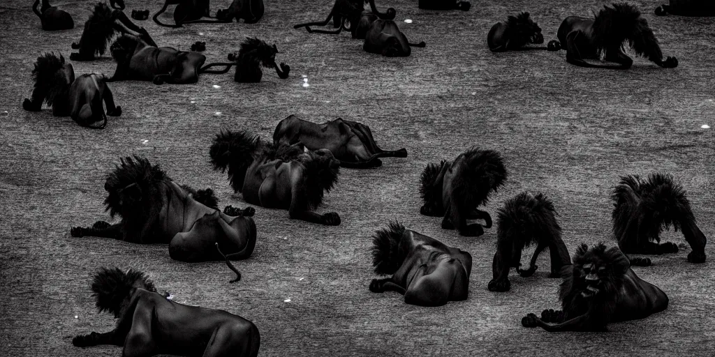 Prompt: the pack of smooth black lions, made of smooth black goo, bathing in the black goo moat in the zoo exhibit, viscous, sticky, full of black goo, covered with black goo, splattered black goo, dripping black goo, dripping goo, splattered goo, sticky black goo. photography, dslr, reflections, black goo, zoo, exhibit