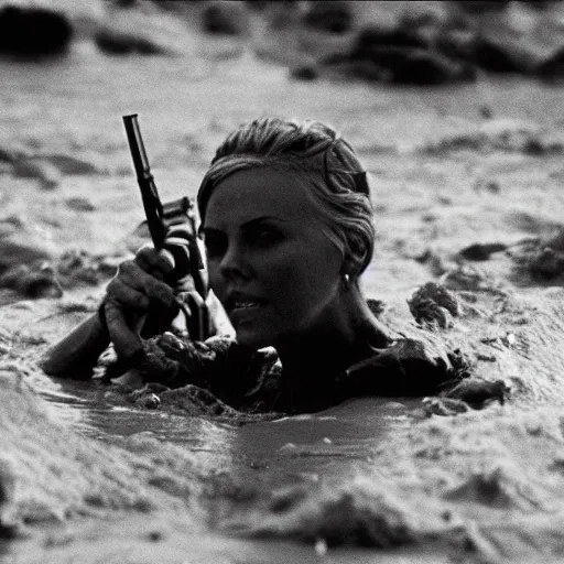 Image similar to film still, close up, charlize theron rising out of muddy vietnam river with a shotgun, face covered in mud, low camera angle at water level, night time, film still from apocalypse now ( 1 9 7 9 ), 2 6 mm.