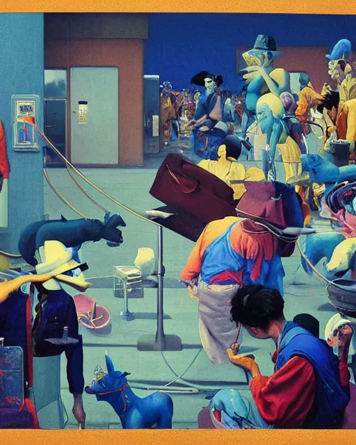 Image similar to square people conversing with blue dogs at a gas station with large oxygen tank in the style of Francis Bacon and Syd Mead and Norman Rockwell and Beksinski, open ceiling, highly detailed, painted by Francis Bacon and Edward Hopper, painted by James Gilleard, surrealism, airbrush, very coherent, triadic color scheme, art by Takato Yamamoto and James Jean