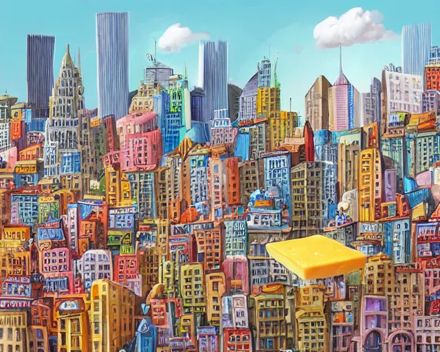 Prompt: city with tall buildings made out of cheese, with a mouse looking at the buildings, mind - blowing details, highly detailed, smooth, sharp focus, full of color, digital art, vibrant colors