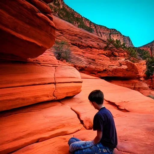 Image similar to award winning cinematic still of teenager boy praying in zion national park, rock formations, colorful sunset, epic, cinematic lighting, dramatic angle, heartwarming drama directed by Steven Spielberg