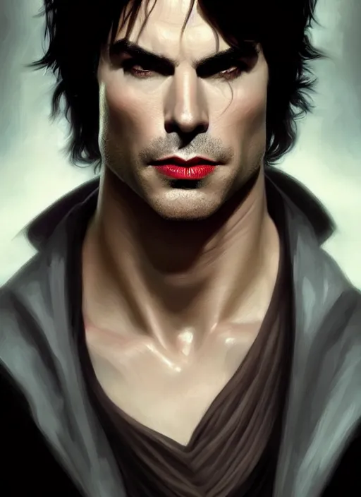 Prompt: portrait of ian somerhalder as a sultry vampire lord, damon salvatore, jewelry, greek, saphire, intricate, headshot, highly detailed, digital painting, artstation, concept art, sharp focus, cinematic lighting, illustration, art by artgerm and greg rutkowski, alphonse mucha, cgsociety