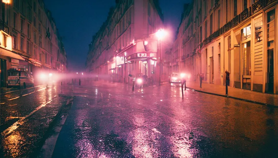 Prompt: street of paris photography, night, rain, mist, a umbrella pink, cinestill 8 0 0 t, in the style of william eggleston