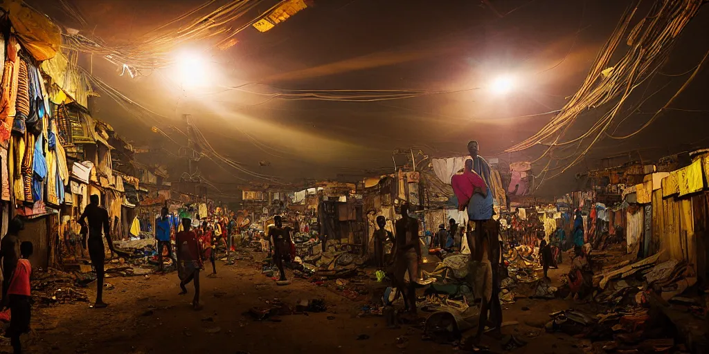 Image similar to AJEGUNLE SLUMS of Lagos surrounding large UFO within NEON rays of light, photographed by Martha Cooper, wide angle, Gold hour light,