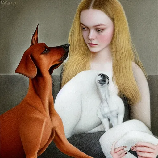 Image similar to Elle Fanning and a Doberman, extremely detailed masterpiece, illustration, by Michael Sowa,