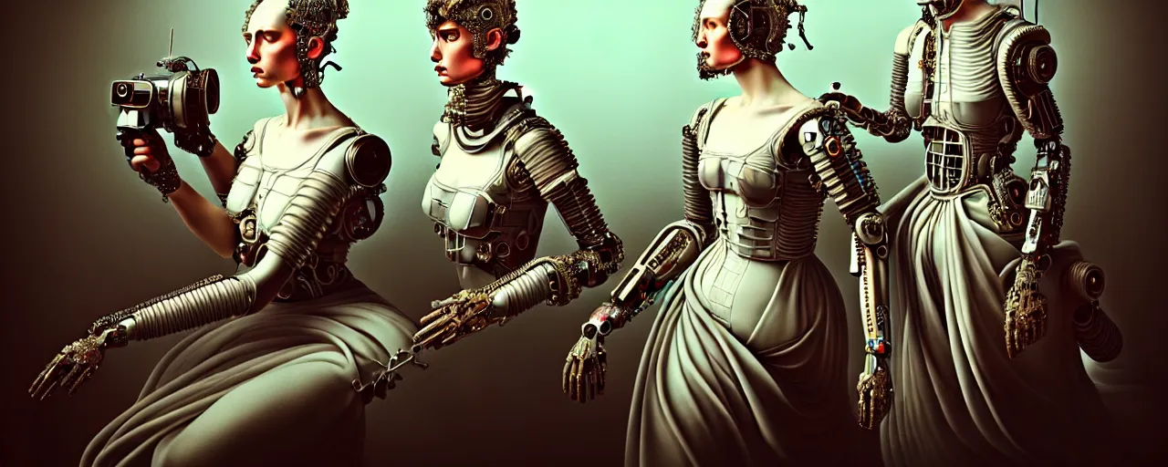 Prompt: minimalist hyperdetailed photorealistic elaborate cyborgs with elegant maximalist baroque cloths. portrayed in a wide beautiful natural landscape. in the style of Caravaggio, with liberty cyberpunk and extremely intricate flemish baroque mixed media elements. beautiful! cinematic accurate hyperrealistic soft pastel tones. matte background HD 8x