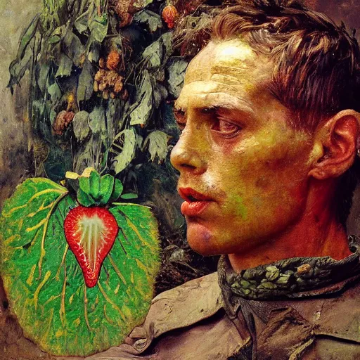 Prompt: a sculpture portrait made of kiwi and strawberries and mud and plants, painting part by wojciech siudmak, part by ilya repin, part by max ernst, part by norman rockwell, artstation