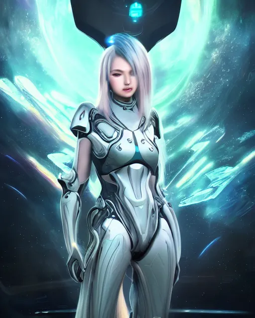 Image similar to perfect android girl on a mothership, warframe armor, beautiful face, scifi, futuristic, galaxy, nebula, bae suzy, dreamy, long white hair!!!, blue cyborg eyes, sharp focus, cinematic lighting, highly detailed, artstation, divine, by gauthier leblanc, kazuya takahashi, huifeng huang