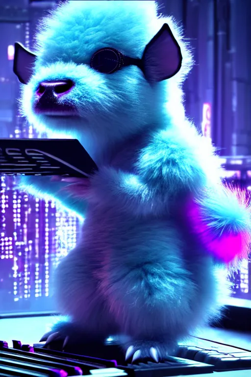 Image similar to high quality 3 d render sci - fi very cute neuromancer fluffy! mutant cow hybrid! playing keyboard, highly detailed, unreal engine cinematic smooth, in the style of blade runner & detective pikachu, hannah yata charlie immer, blue light, low angle, uhd 8 k, sharp focus