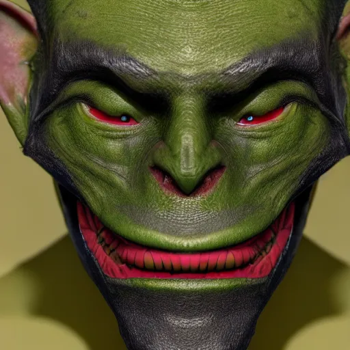 Image similar to portrait of a goblin. Green skin, pointy nose and evil grin. Detailed face. Photo 8K.