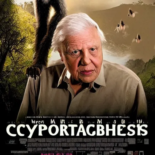 Prompt: movie poster about Sir David Attenborough and cryptids, bigfoot and nessie