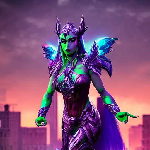 Prompt: tyrande whisperwind as a superhero in a dystopian city sunset, aesthetic, octane render, 8 k,