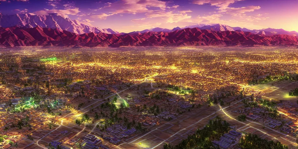 Prompt: city located in sunset valley in kyrgyz, vray, hdr, overhead view, photorealistic