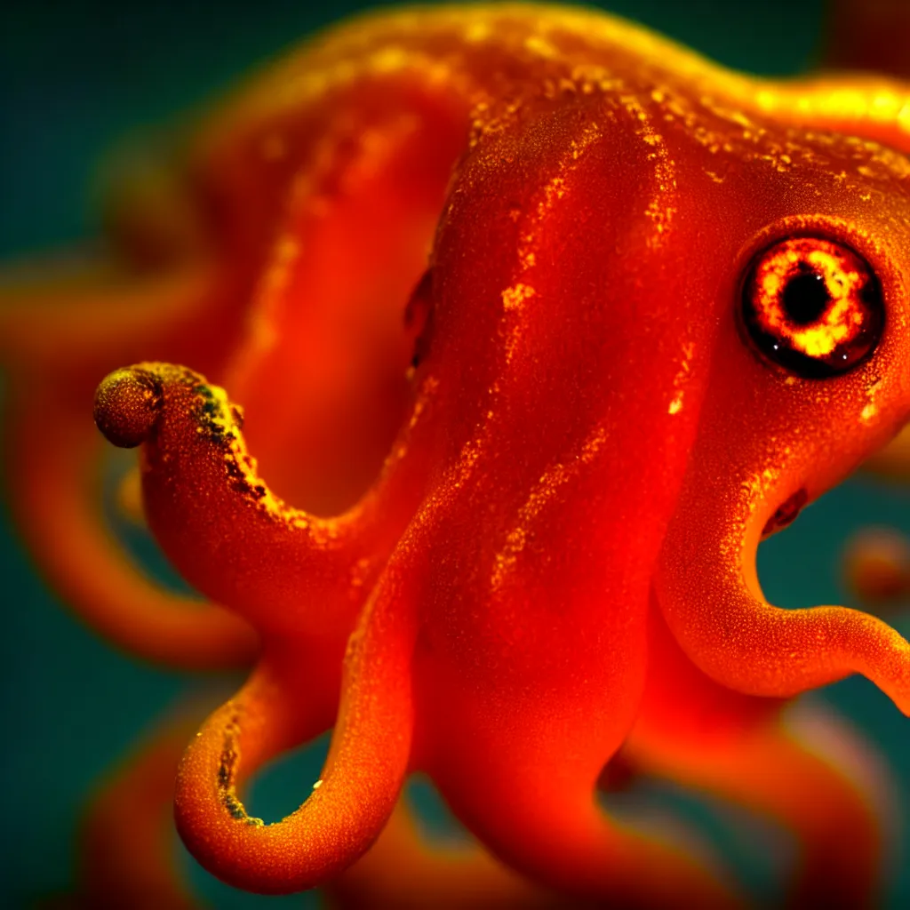 Image similar to fiery whimsical emotional eyes cephalopod, in a photorealistic macro photograph with shallow dof