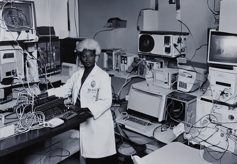 Prompt: dark skin woman wearing a white lab coat with a blue haircut, connected to wires and surrounded by 1 9 8 0 s computers, poloroid, dynamic lighting, dark ambience, detailed face, retro tech, 3 5 mm