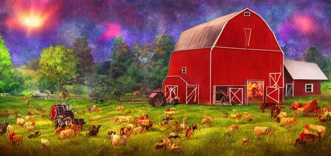 Image similar to full portrait of farm, a rave is in the forest behind the red barn, smoke, lights, night, colorful, happy, insanely detailed, photorealistic, cinematic, dramatic lighting,