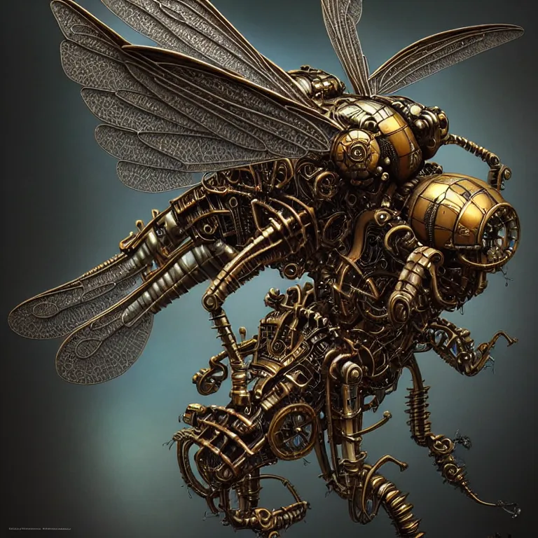 Prompt: steampunk cybernetic biomechanical wasp with wings, 3 d model, very coherent symmetrical artwork, unreal engine realistic render, 8 k, micro detail, intricate, elegant, highly detailed, centered, digital painting, artstation, smooth, sharp focus, illustration, artgerm, tomasz alen kopera, wlop