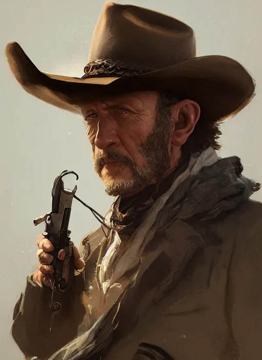 Prompt: jonathan banks as a cowboy, elegant, digital painting, concept art, smooth, sharp focus, illustration, from red dead redemption by ruan jia and mandy jurgens and artgerm and william - adolphe bouguerea