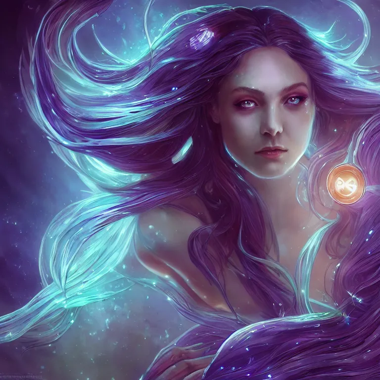 Image similar to beautiful cinematic fantasy poster, a beautiful glistening bioluminescent mermaid wearing a long flowing gown with flowing illuminated hair, beautiful glowing galaxy eyes, wideshot ultrawide angle epic scale, hybrid from The Elden Ring and art direction by Darius Zawadzki ;by artgerm; wayne reynolds art station; cinematic quality character render; low angle; ultra high quality model; production quality cinema model;