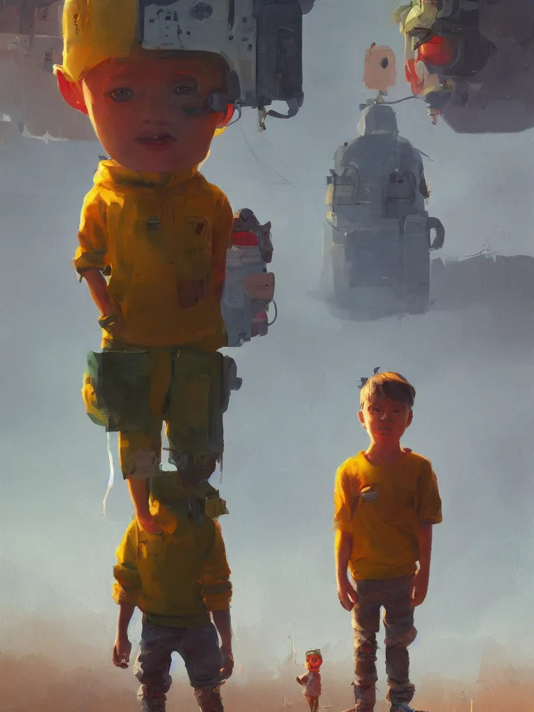 Prompt: a cute boy standing in the center of a painting from stalenhag, 4 k, 8 k, hdr, artstation, concept art