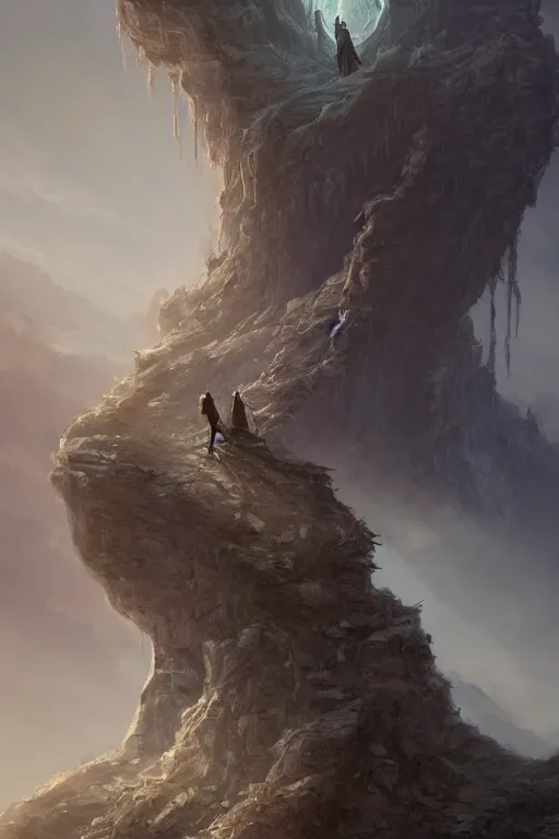 Image similar to profile view, a necromancer on a cliff with a staff casts a spell that reveals the secret of life the universe and everything, dirty linen robes, staff of bones, grizzled bearded withered man by jessica rossier and hr giger